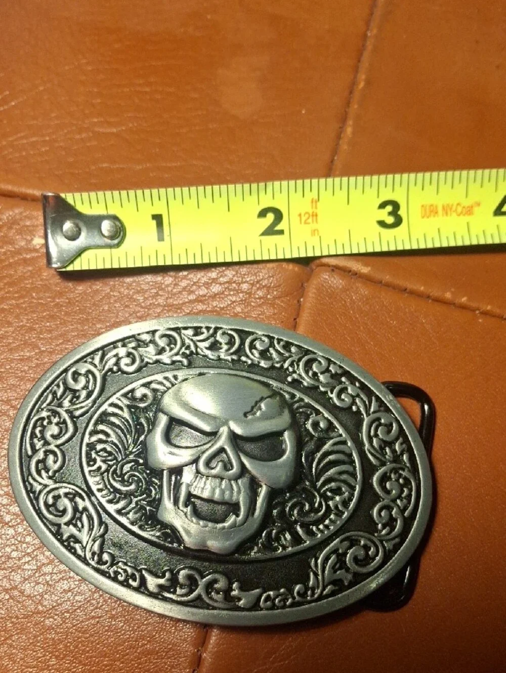 Men's Silver Skull Oval Belt Buckle - Ornate Gothic Accent